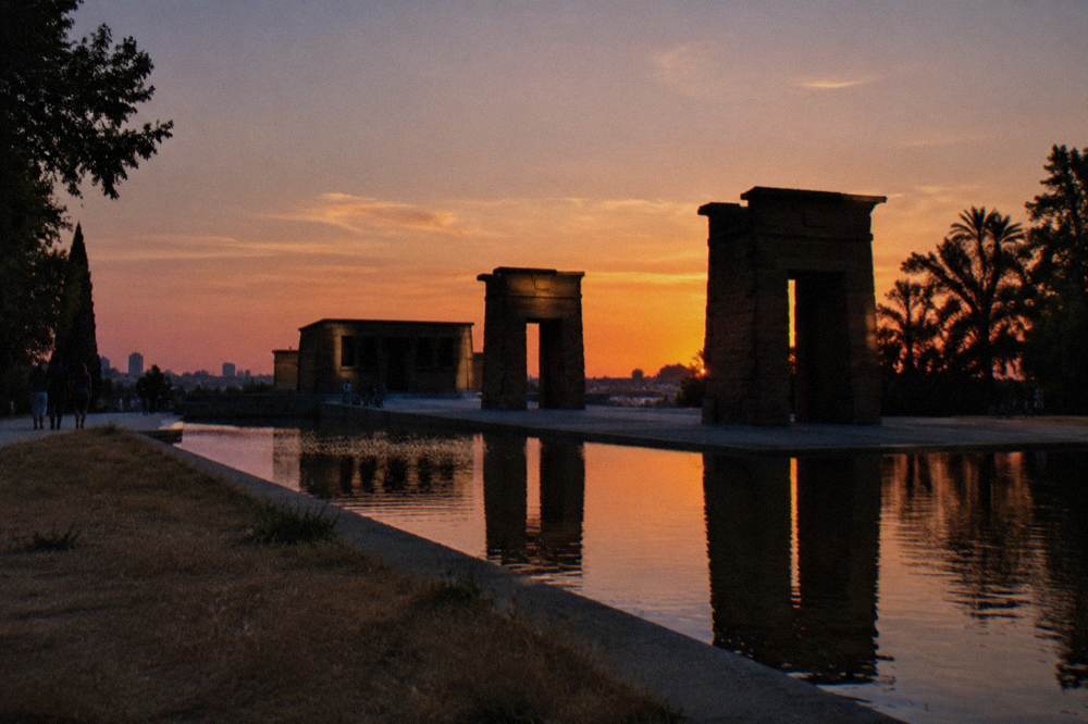 The Temple of Debod silhouette at sunset with open sky