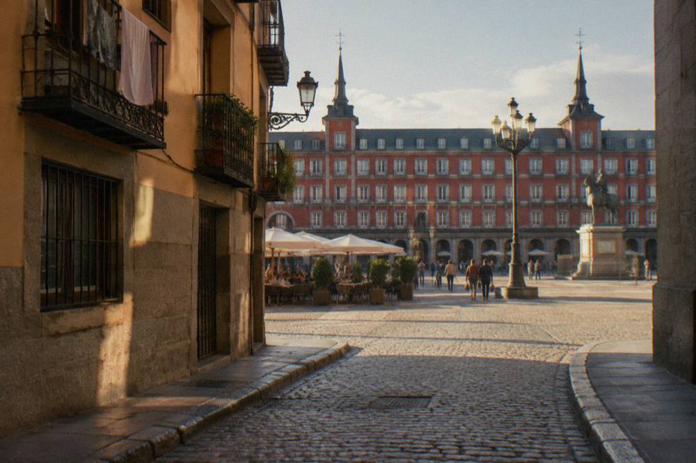 A cobblestone street in old Madrid with historic facades in warm afternoon light