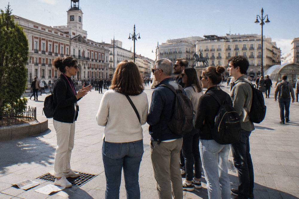 A guide speaking to a small group of visitors in a Madrid plaza