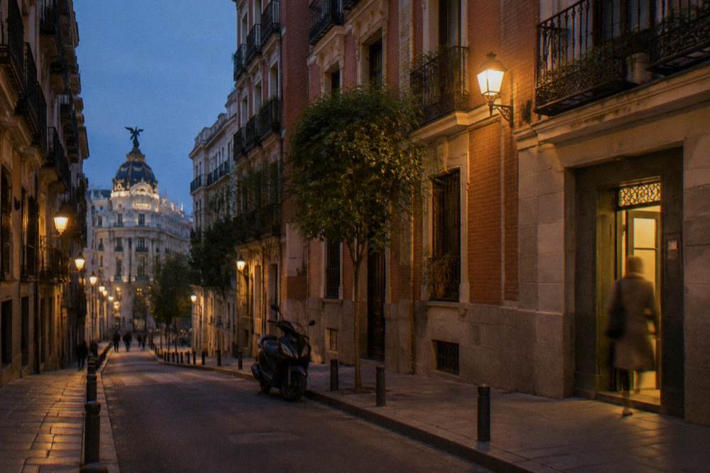 A narrow Madrid street at dusk with lamplight on old buildings