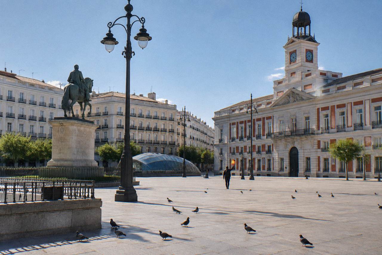 A historic Madrid square with ornate buildings under a clear sky