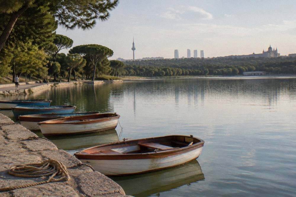 Calm water of the Casa de Campo lake with rowing boats and the Madrid skyline beyond
