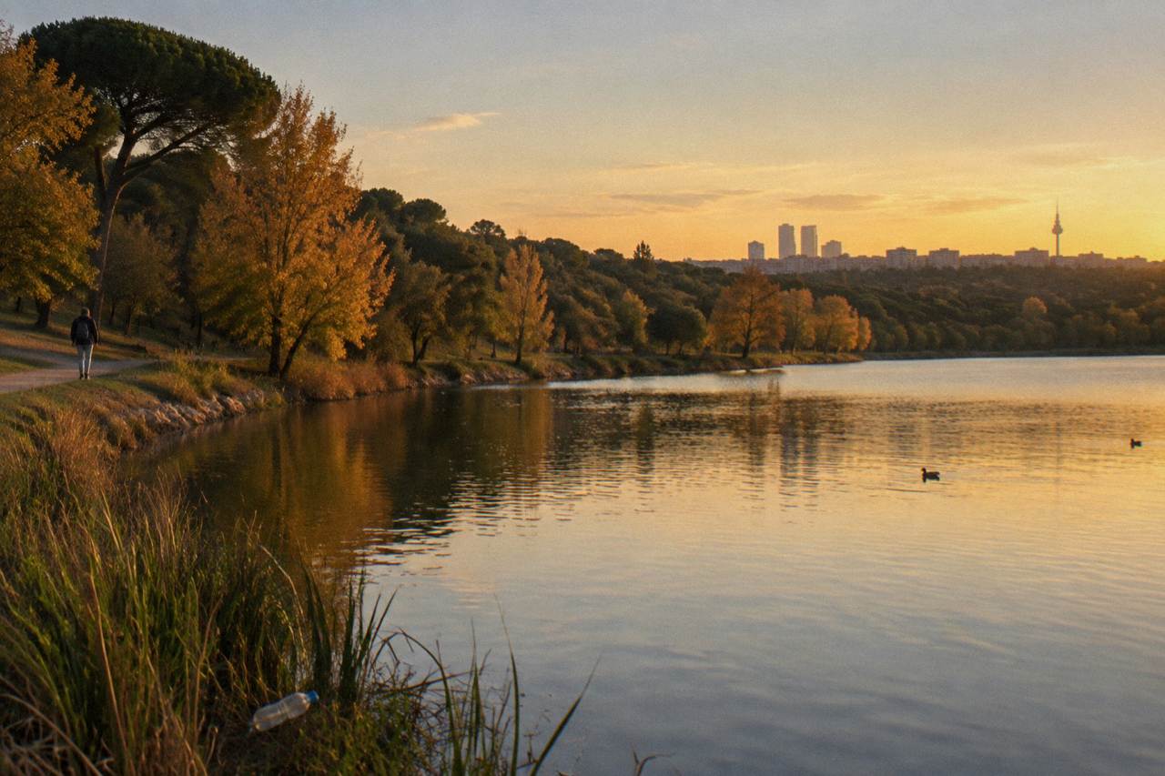 Wide view of Casa de Campo park in Madrid with the lake in the foreground and tree covered hills behind