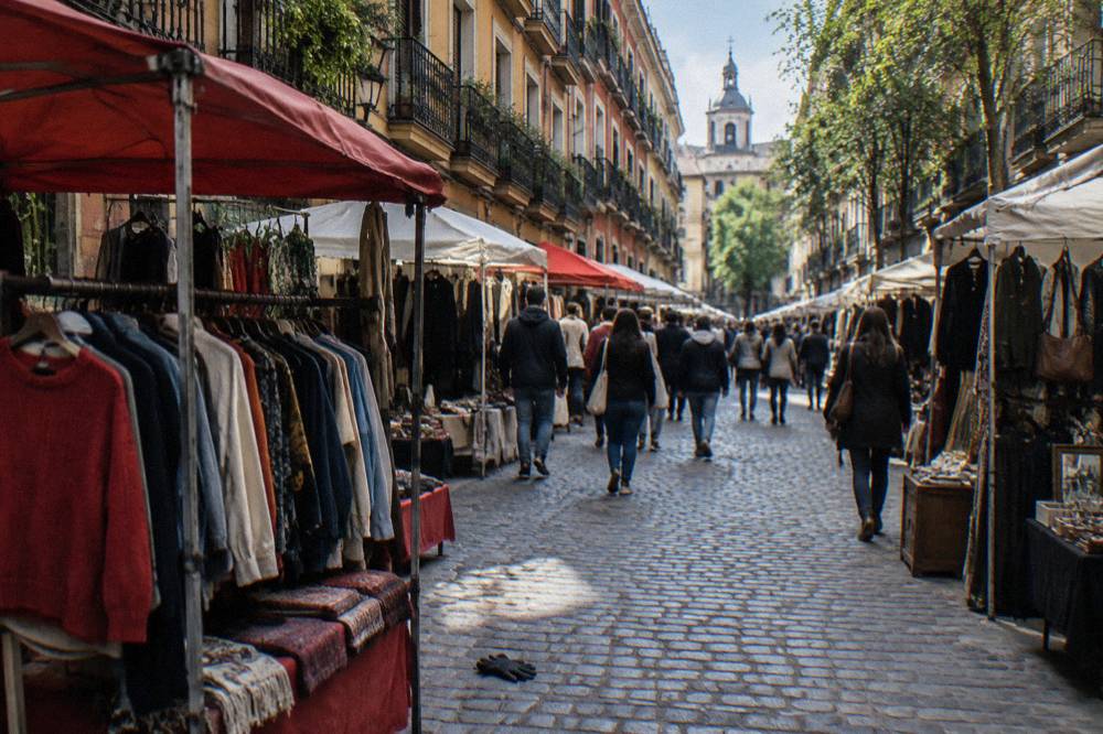 Narrow street in La Latina lined with market stalls under bright awnings on a sunny day