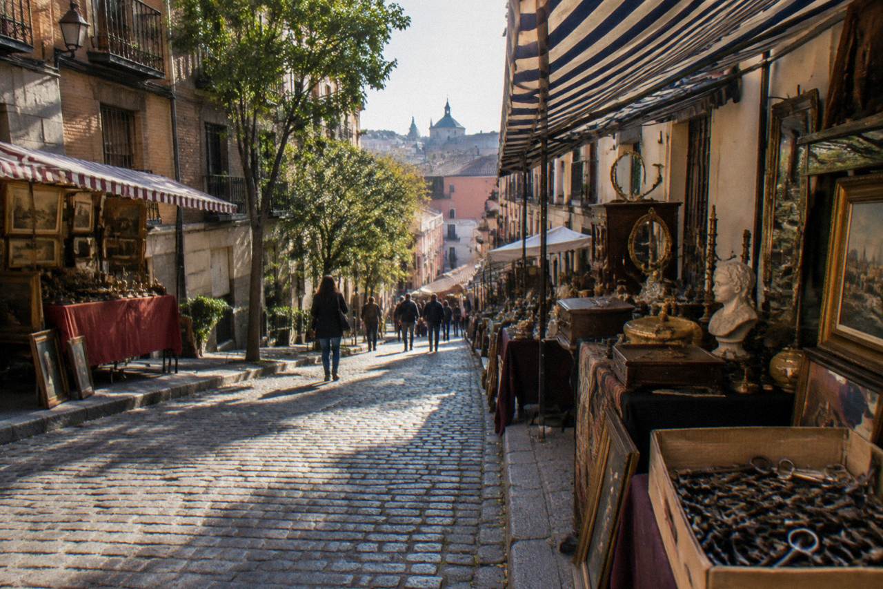 Rows of market stalls with striped awnings along a narrow sloped street in La Latina, Madrid