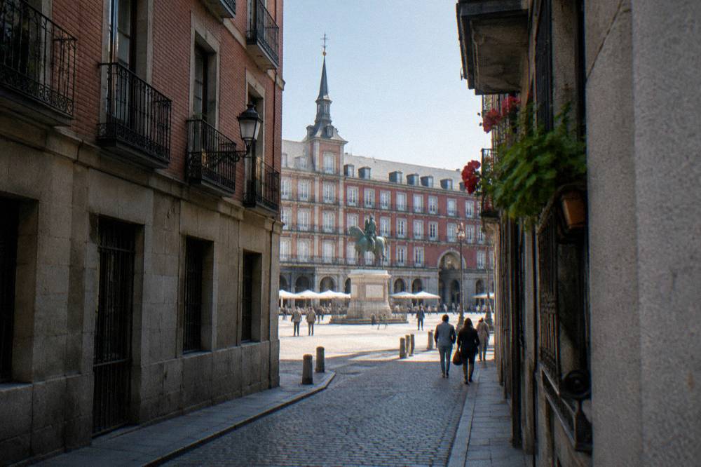 A cobblestone street in the Austrias district lined with historic buildings