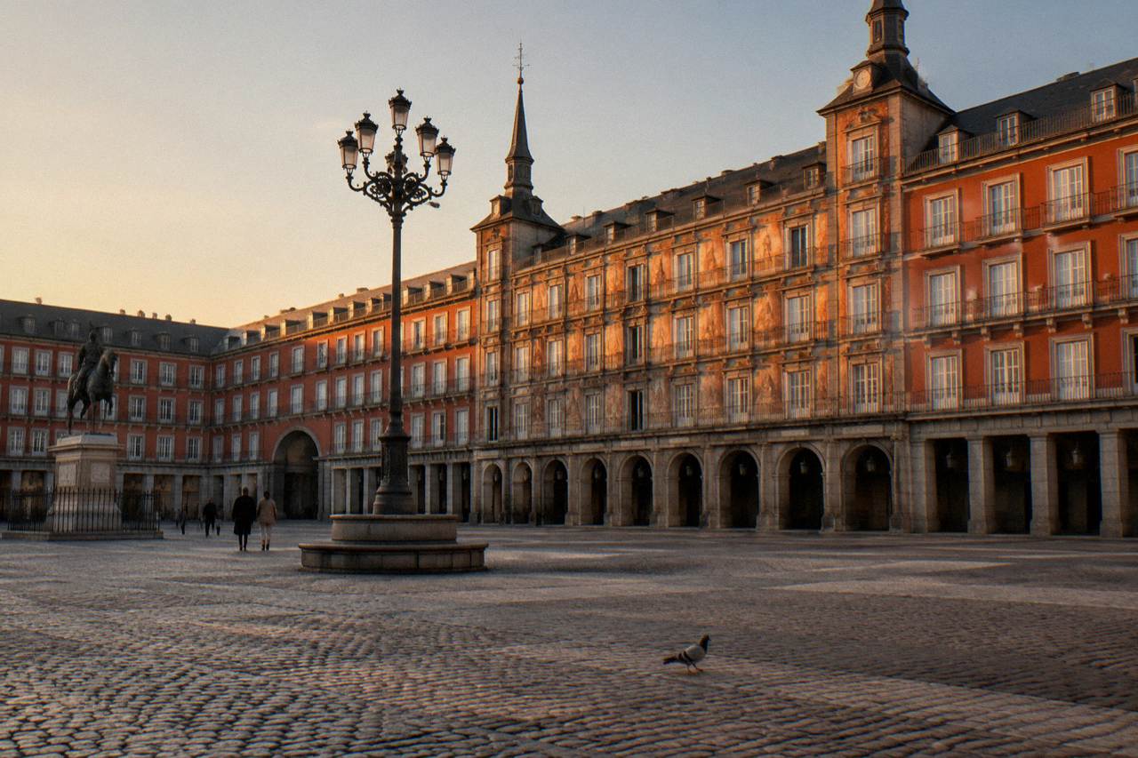 A historic Madrid square at golden hour with ornate facades and empty arcades