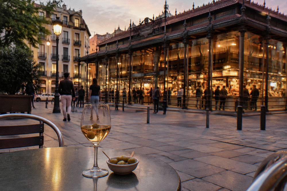 Row of tables and chairs at an outdoor terrace bar in a Madrid square in the evening