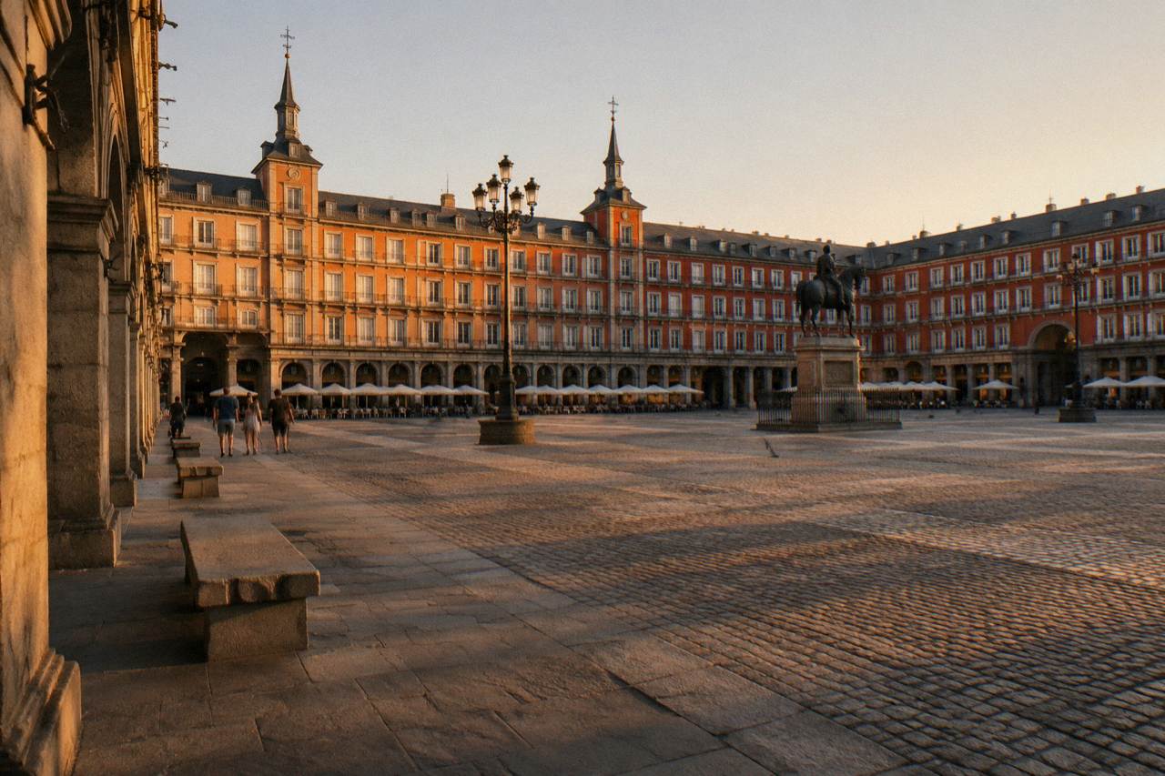 Wide view of a Madrid square at golden hour with historic buildings and empty benches