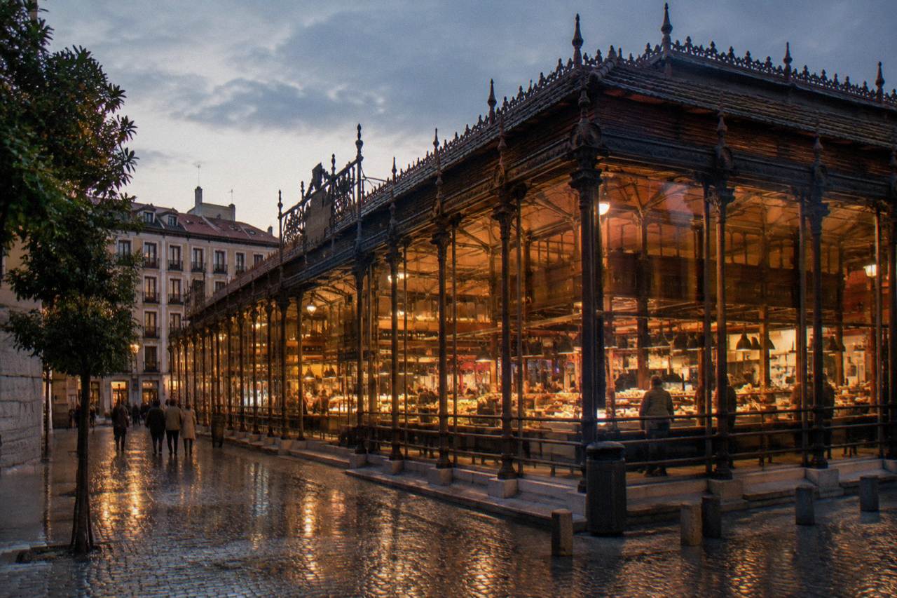Glass-walled market hall with iron framework and food stalls visible through the windows