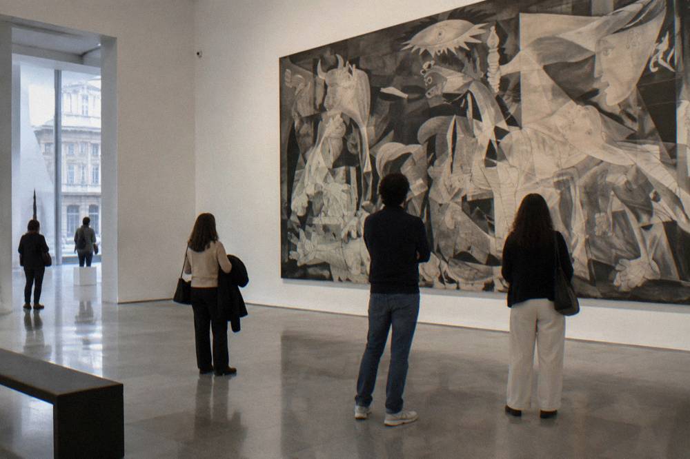 Visitors standing before a large monochrome mural painting in a bright modern museum gallery