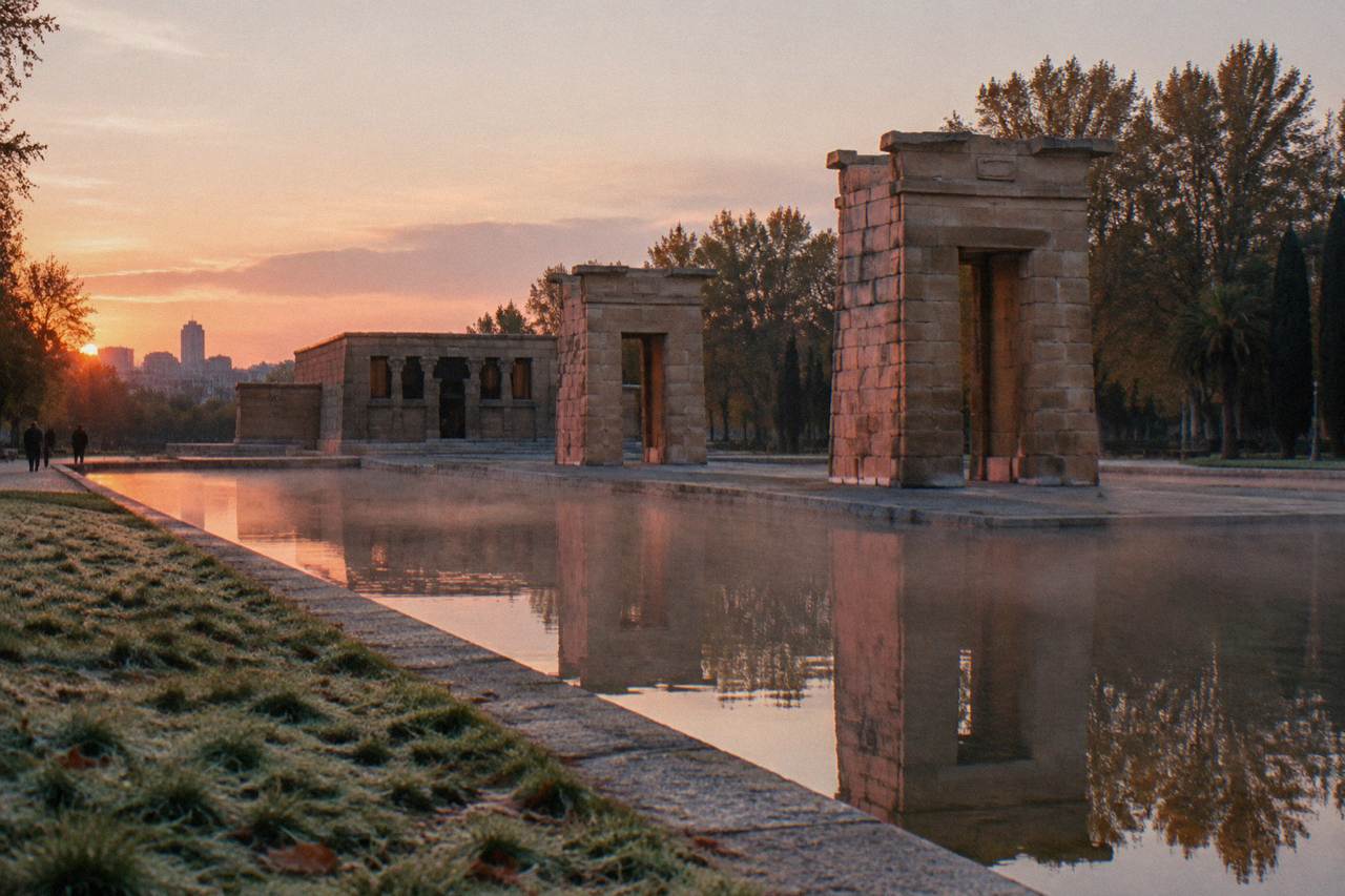 An ancient Egyptian temple with stone gateways reflected in a water pool at sunset