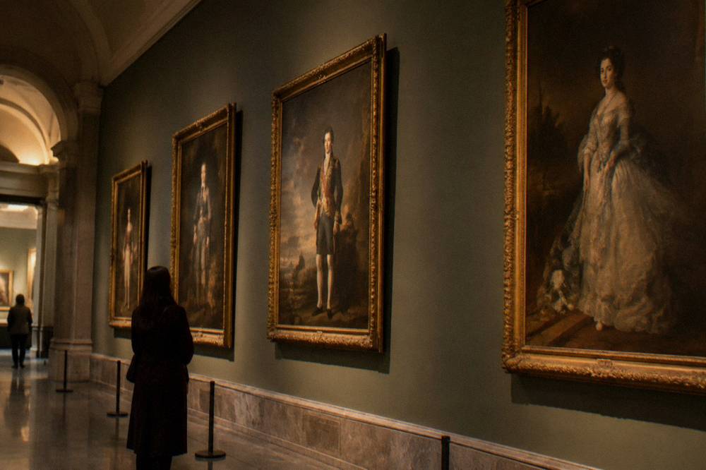 Painted gallery wall hung with large classical portraits in gilded frames