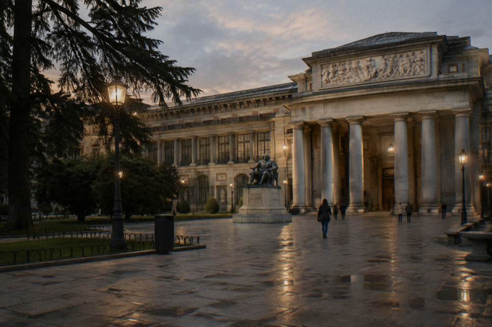 Wide plaza view of the museum building at dusk with warm light on the stone facade