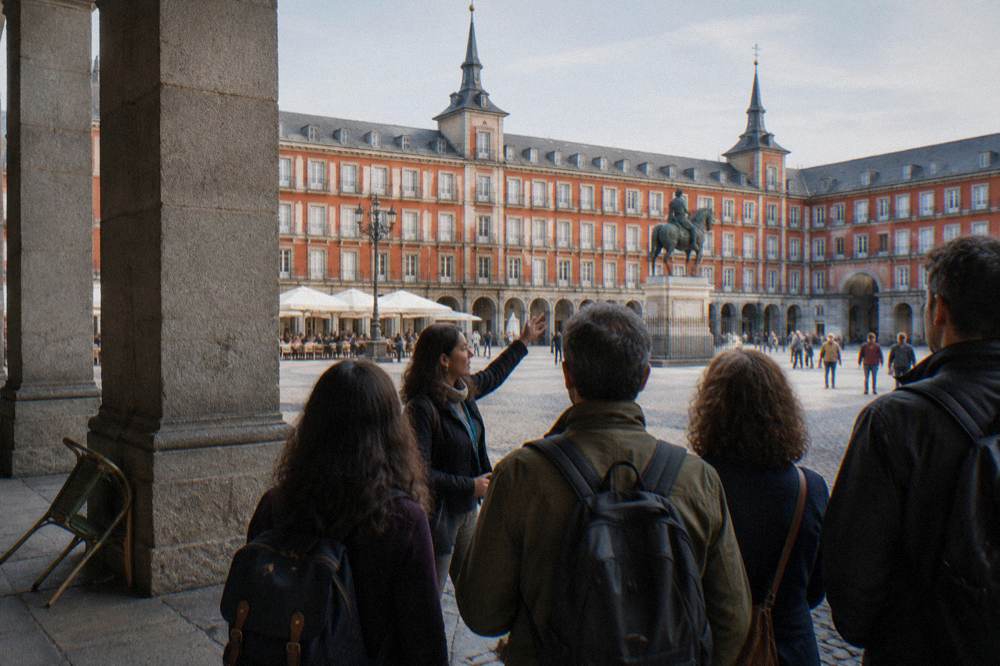A local guide speaking to a walking tour group in a historic Madrid plaza near the royal quarter