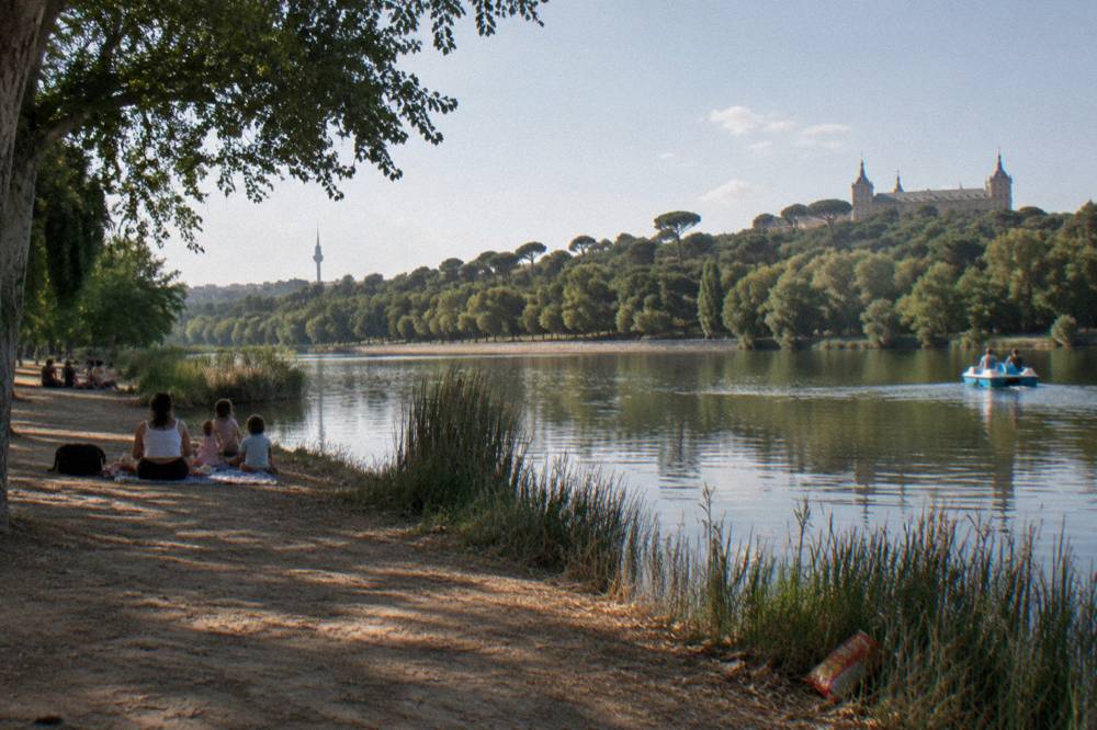 Park lake with a waterfront promenade and tree-covered slopes behind it