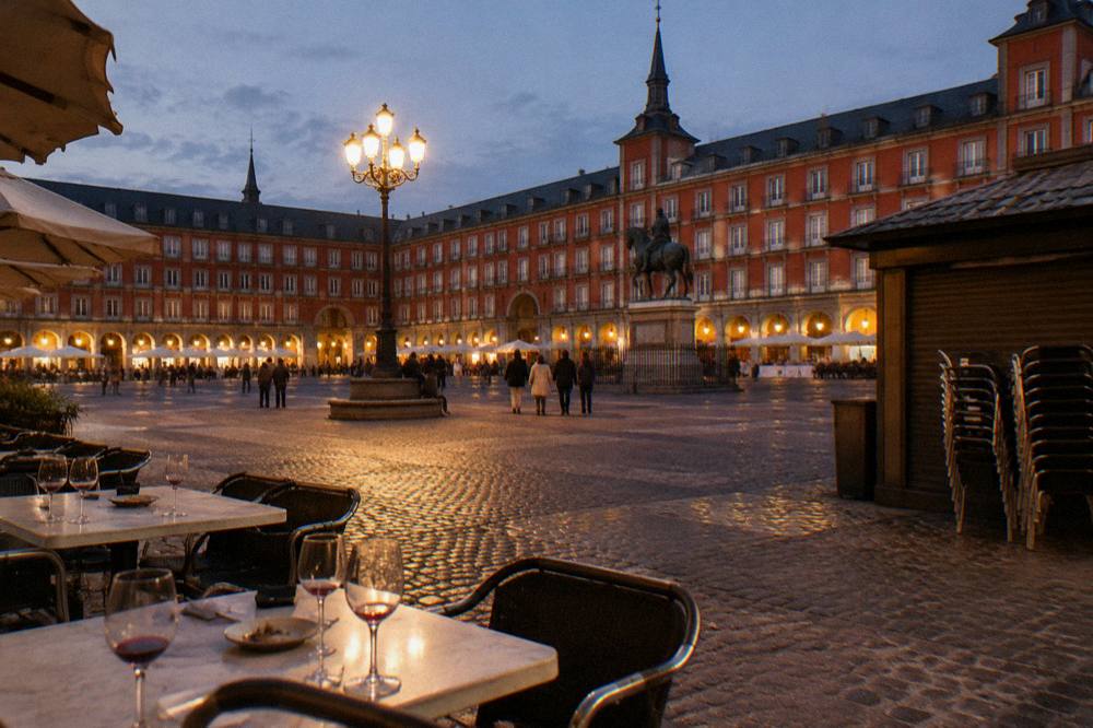 Evening view of an old city square with lamplit facades and outdoor terraces