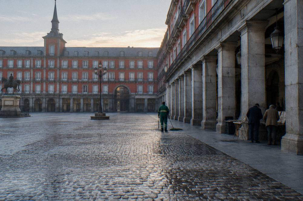 Old apartment buildings with wrought-iron balconies above a quiet Madrid square