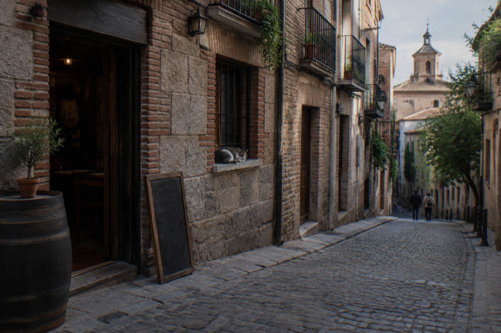 Narrow cobblestone street with traditional taverns and hanging balconies