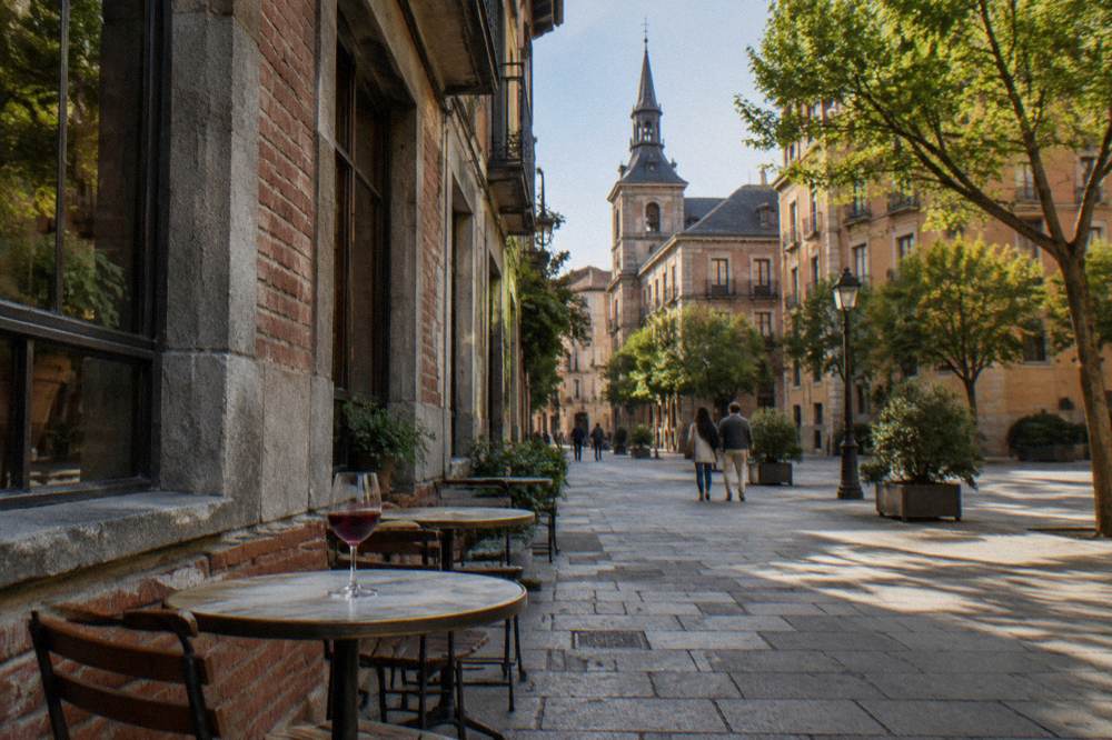 Narrow tapas street in Madrid with small bars and outdoor tables in afternoon light