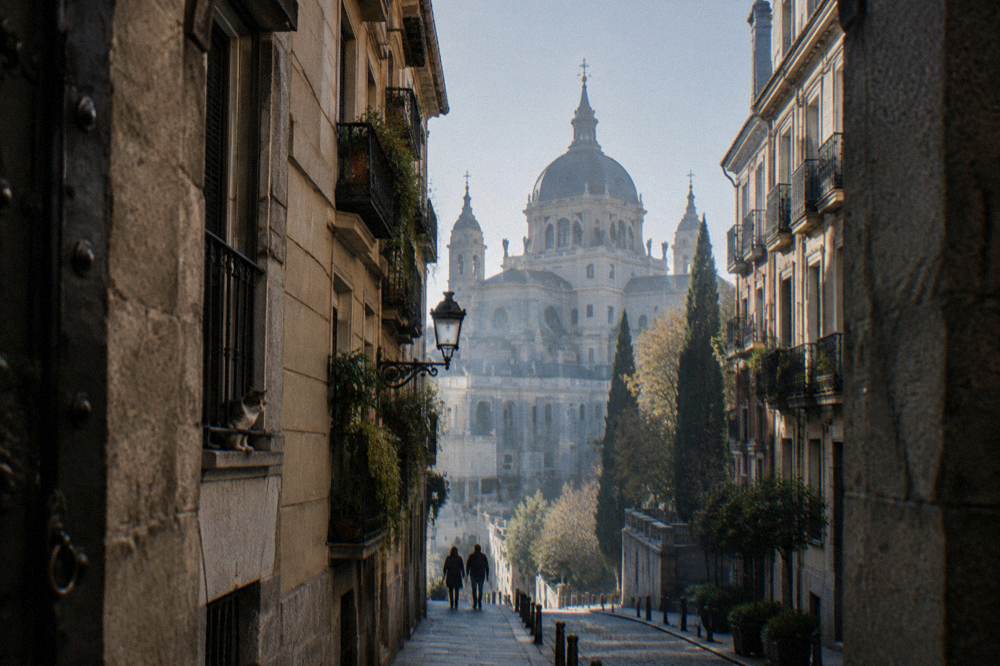 Old city street with ornate facades leading toward a grand plaza