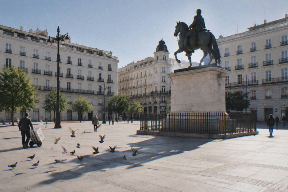 Wide view of Puerta del Sol with the Tio Pepe sign and the equestrian statue of Carlos III