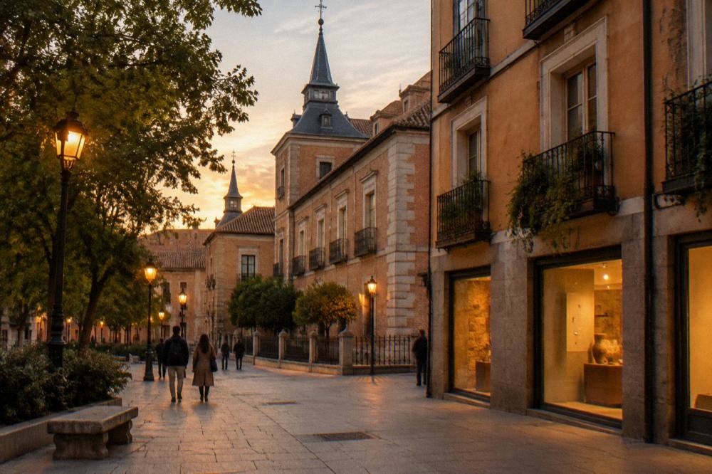 Evening light on a pedestrian street in the Austrias quarter with lit shopfronts and old facades