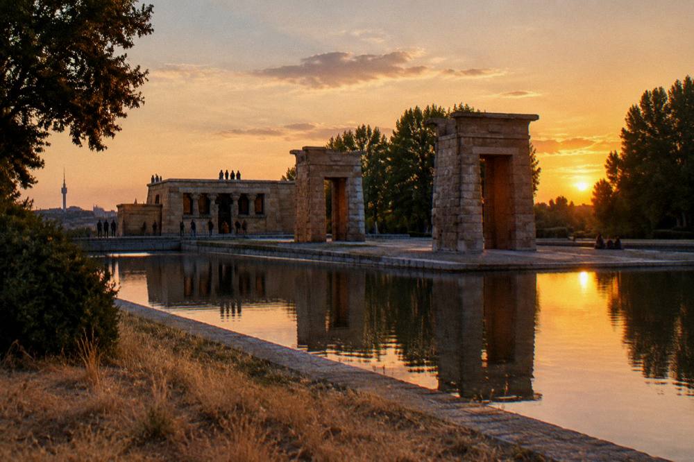 Templo de Debod at sunset with silhouetted viewers and orange sky