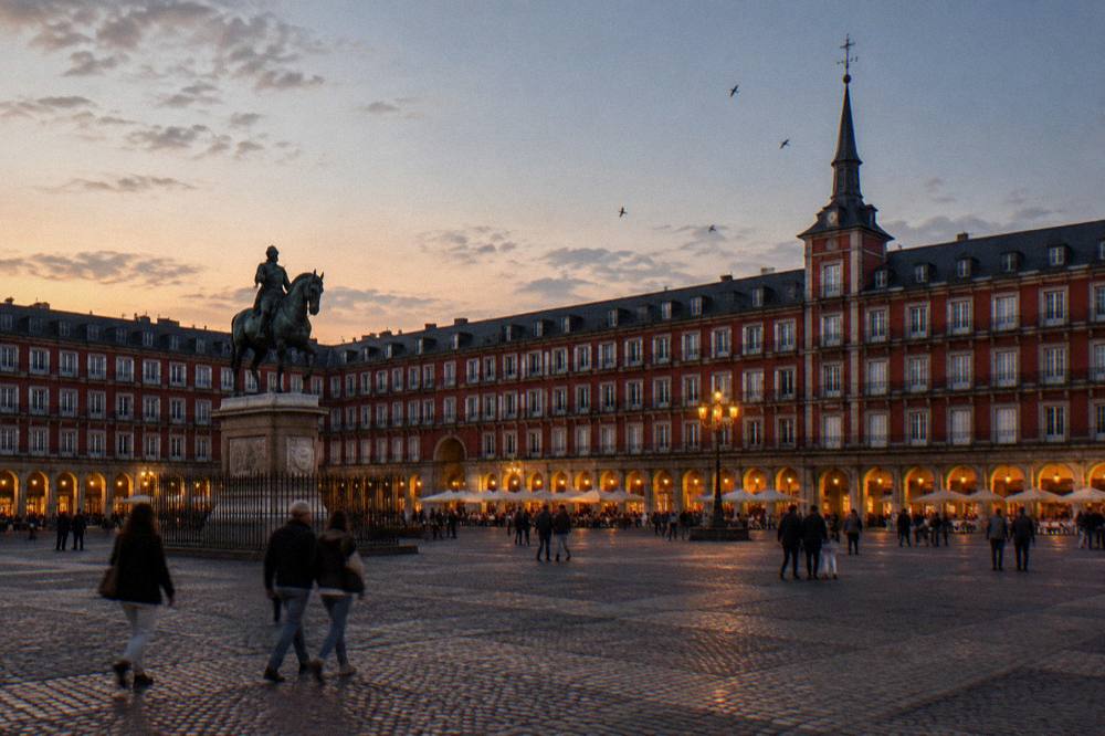 A city square at dusk with lit facades and people walking across wide stones