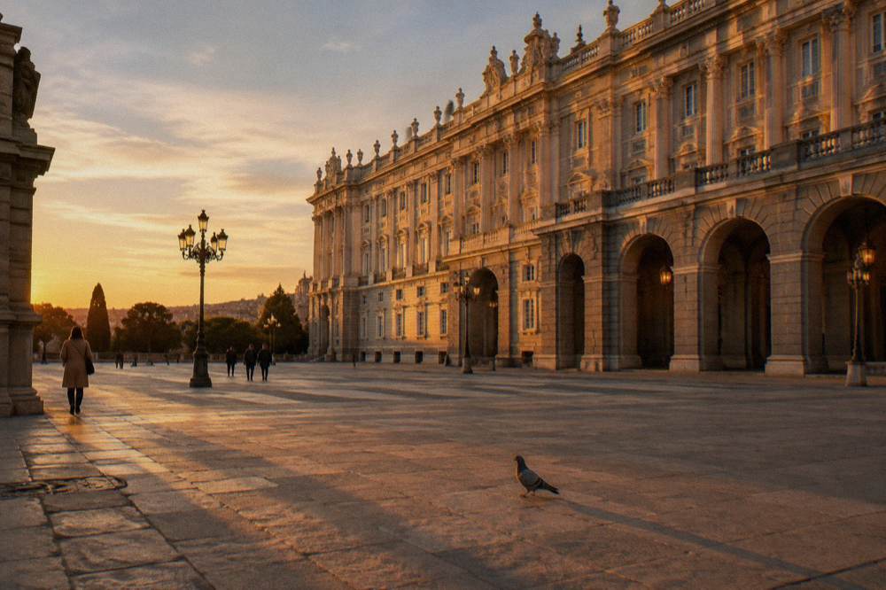 Wide plaza in old Madrid at golden hour with historic facades