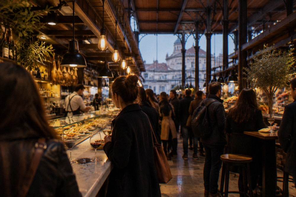 Standing customers with drinks and tapas at a market stall counter
