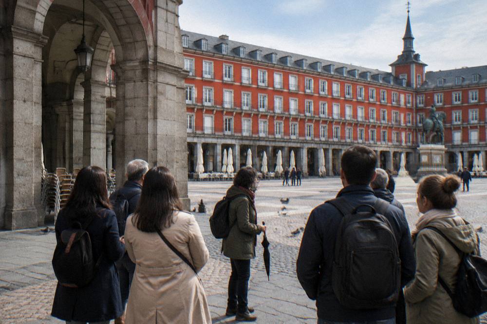 Tour group gathered in a historic square near a market hall
