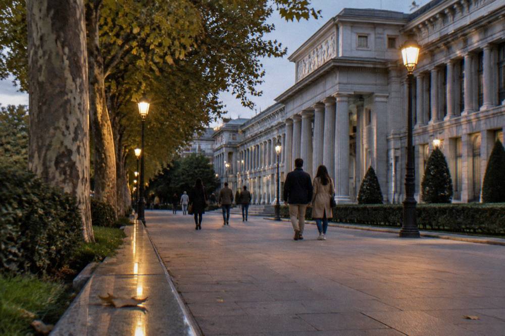 Paseo del Prado sidewalk with trees and museum visitors walking in the evening