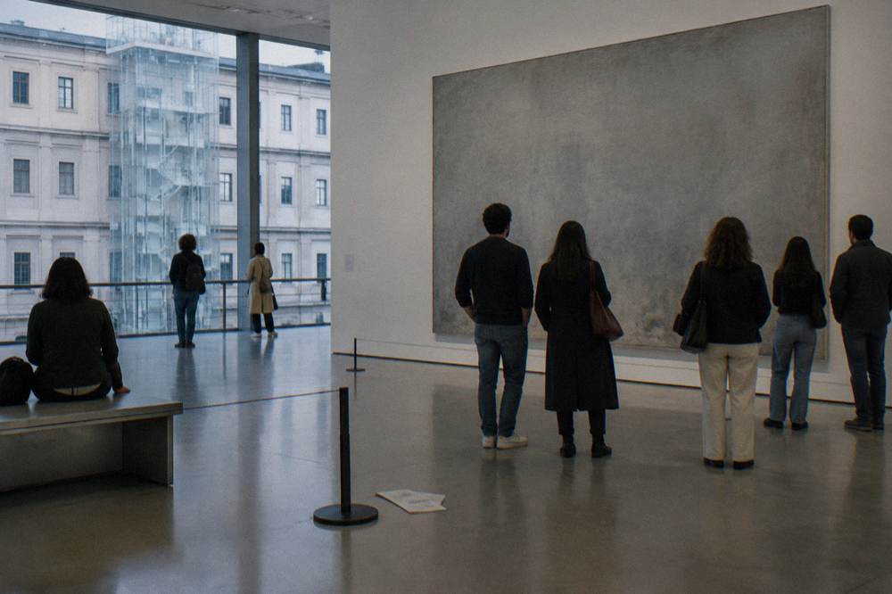 Gallery visitors viewing a large painting in the Reina Sofía collection rooms