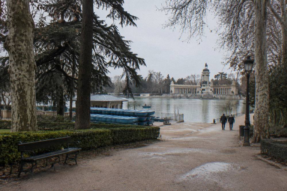 Wide gravel path shaded by tall trees leading toward an ornamental lake with rowing boats