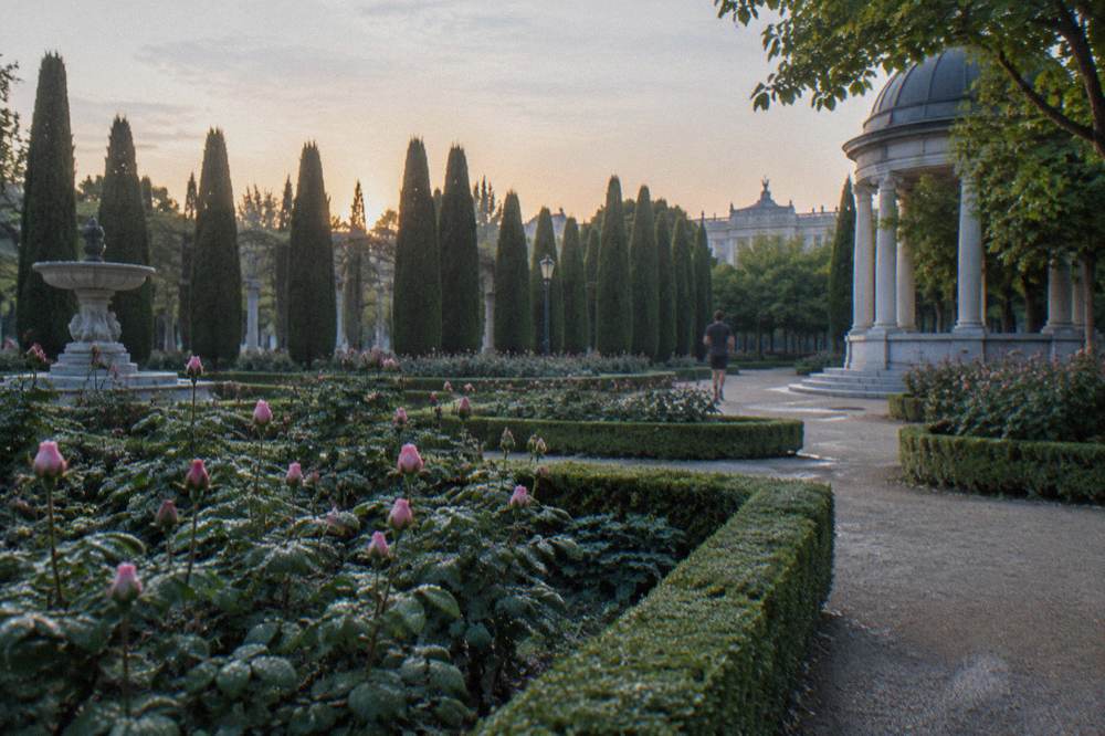 Formal garden with trimmed hedges, gravel paths and tall trees in a city park