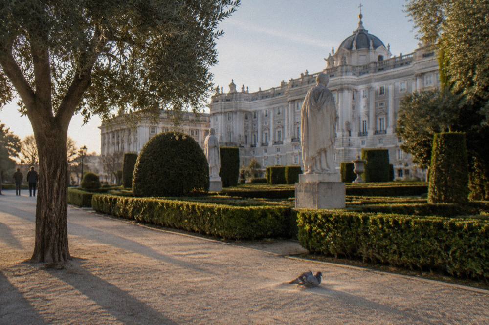 The Plaza de Oriente gardens with the Royal Palace of Madrid rising behind the trees