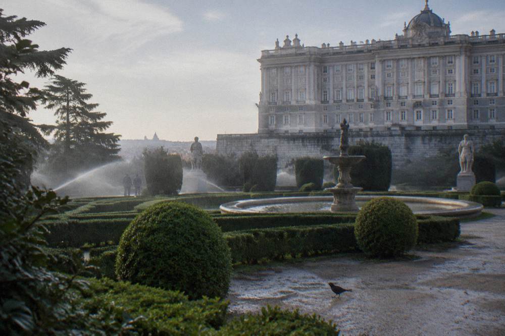 The formal hedges and fountains of the Sabatini Gardens below the palace walls